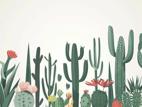 A lively arrangement of cacti and flowering plants showcases diverse shapes and colors, set against a soft backdrop that emphasizes their natural beauty and distinct characteristics.