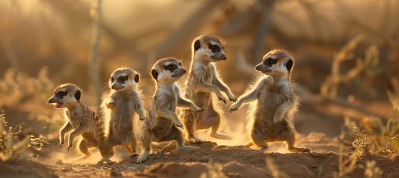 A lively group of young meerkats engaging with one another in a sun-drenched desert environment. their curious expressions and swift movements stand out against the sandy, arid backdrop, their social behavior.