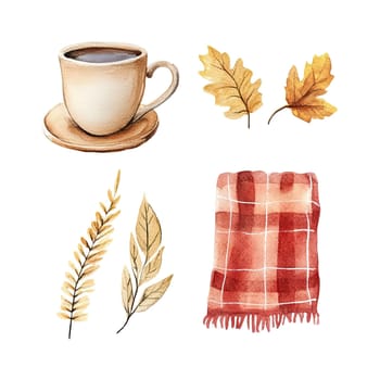 A warm autumn arrangement showcases a pink scarf, an orange pumpkin, a steaming coffee cup, scattered colorful leaves, and a pinecone, evoking a cozy seasonal vibe.