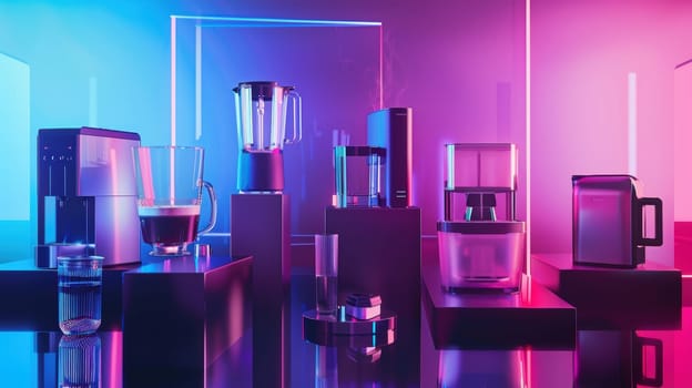 High-end kitchen appliances are elegantly displayed with sleek, reflective surfaces and vibrant neon lighting, creating a modern and innovative ambiance perfect for cyber week promotions. includes coffee machines, blenders, and smart gadgets.
