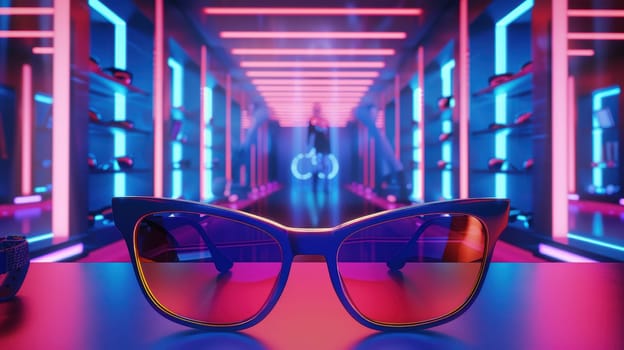 High-detail poster showcasing a cyber week fashion sale featuring designer sunglasses and luxury watches in a captivating futuristic showroom with bold, vibrant neon lighting effects and a sleek modern aesthetic.
