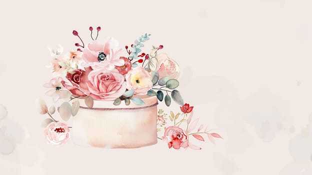 A lovely collection of soft pink roses and delicate flowers is artfully arranged in a simple container, creating a fresh and elegant focal point for any setting.