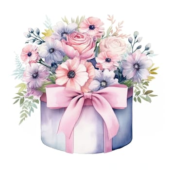 A vibrant arrangement of soft pink roses and delicate flowers in a circular box, accented with a cheerful pink ribbon, perfect for any occasion.