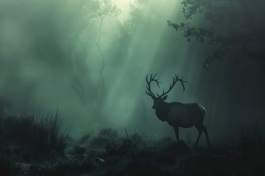 A high-definition image of a majestic elk with large antlers silhouetted against the fog in a dense forest. the early morning light filters through the mist, creating a mysterious and ethereal atmosphere. perfect for nature-themed designs or print.