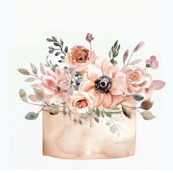 A stunning arrangement of blooming flowers in soft pastel tones fills a delicate vase. The artwork features intricate leaves and petals, highlighting nature's beauty.