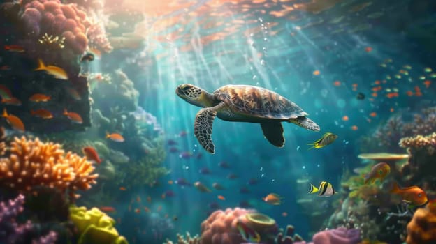 A stunning underwater scene featuring a sea turtle gliding peacefully through a vibrant coral reef. surrounded by colorful fish and illuminated by sunlight filtering through the water, the composition marine beauty and diversity.