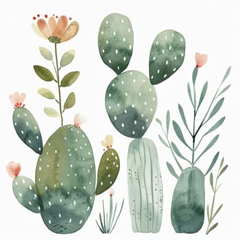 This artwork features charming cacti and succulent plants adorned with soft, colorful flowers, illustrating a peaceful natural composition in gentle tones.