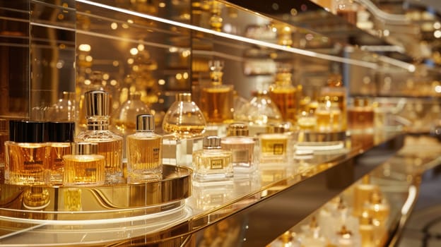 High-end retail display showcasing a cornucopia of premium perfumes and cosmetics, accentuating the luxurious packaging and elegant product design. the soft, glamorous lighting enhances the opulent ambiance, the sophisticated beauty of each item.