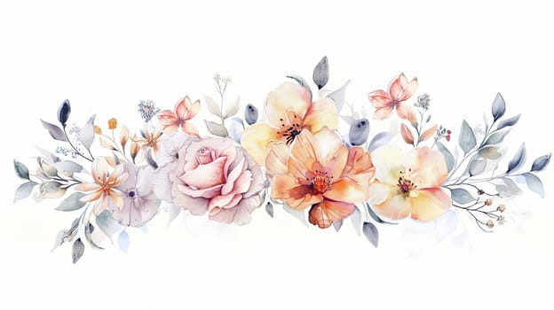 A beautifully crafted floral design features roses, peonies, and various blossoms in soft pastel colors, showcasing artistic elegance and tranquility.