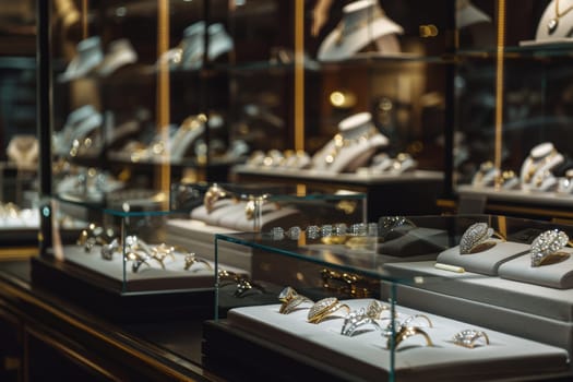 A sophisticated jewelry boutique featuring luxurious diamond rings and elegant necklaces showcased in glass cases. the subtle black friday signage in gold and black seamlessly blends into the high-end design, attracting discerning customers.