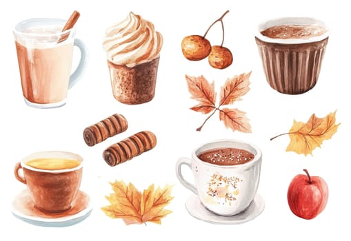 The artwork showcases a collection of autumn-inspired beverages and desserts, including mugs of hot chocolate, cupcakes, and colorful leaves, evoking a cozy fall atmosphere.