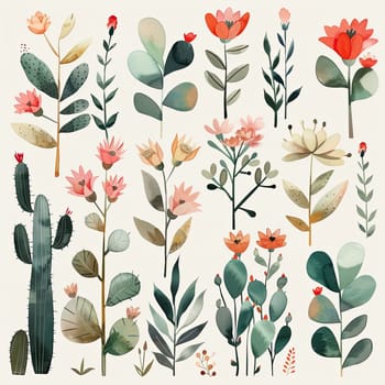 This artwork showcases a delightful assortment of flowers and plants, highlighting their diverse shapes and colors, creating a harmonious botanical display.