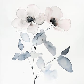 Beautiful, delicate flowers are depicted in soft watercolor tones, gracefully illustrated among gentle leaves, creating a serene and artistic arrangement.