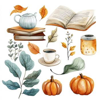 A charming display includes a cozy house surrounded by vivid autumn leaves, pumpkins, and mushrooms in shades of orange, brown, and green, reflecting the beauty of fall.
