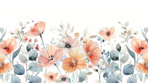 A delicate arrangement of pastel-colored flowers, including poppies and greenery, creates a refreshing and vibrant design perfect for spring decor.