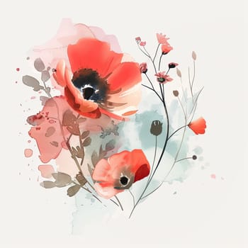 A stunning watercolor artwork showcases vibrant red flowers with dark centers, complemented by soft green accents and delicate stems, creating an elegant floral composition.