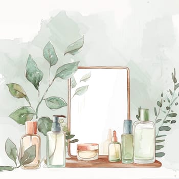 A bathroom vanity displays an assortment of skincare products in glass bottles, complemented by green leafy plants, creating a calming atmosphere in soft pastel tones.