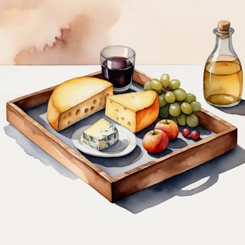A wooden tray displays an assortment of cheeses, fresh apples, grapes, and a glass of red wine alongside a bottle of olive oil, creating a delightful afternoon treat.