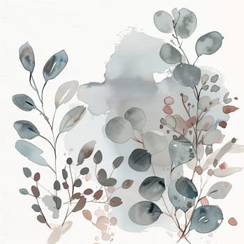 A delicate arrangement of watercolor leaves and branches in soothing green and earthy tones blends harmoniously against a light background, ideal for artistic inspiration.
