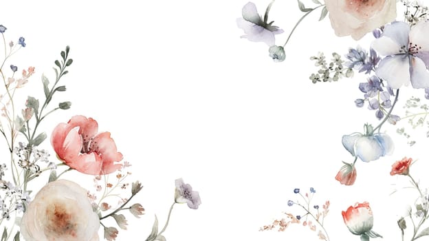 A beautiful arrangement of delicate watercolor flowers in soft colors and intricate designs decorates the corner of a clean, white background, creating a serene atmosphere.