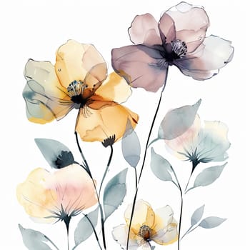 A collection of vibrant watercolor flowers in shades of yellow, peach, and lilac showcases their beauty against a clean white backdrop, embodying the essence of spring.