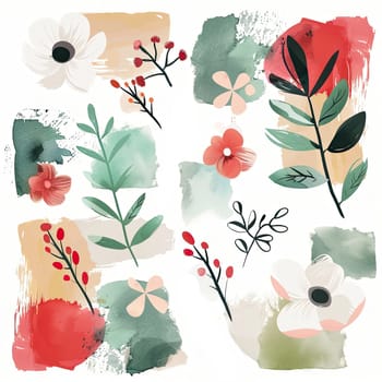 This artwork showcases a vibrant arrangement of flowers and foliage, blending colorful botanical elements against a textured abstract backdrop, evoking a fresh spring vibe.
