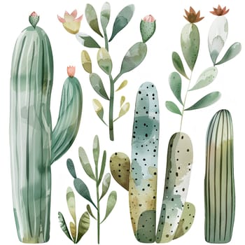 A collection of beautifully illustrated cacti and succulents features distinct shapes and colors, set against a simple background that highlights their details.