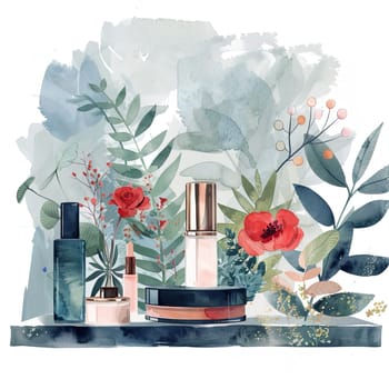 Various skincare products are artistically arranged among colorful flowers and greenery, creating a serene and inviting atmosphere filled with natural beauty.