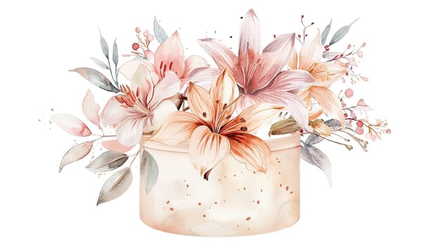 A charming display of pastel lilies and delicate foliage creates an inviting atmosphere, perfect for enhancing home decor or special events.