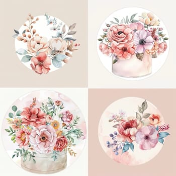 Beautifully arranged floral designs feature roses, peonies, and anemones in soft pastel shades, all set against a subtle background, perfect for decor inspiration.