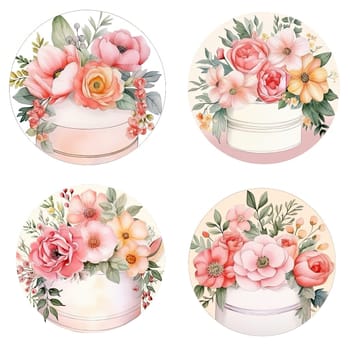Four circular designs showcase exquisite cakes adorned with lush, pink flowers and foliage, perfect for celebrations or events. Each piece highlights unique floral arrangements.