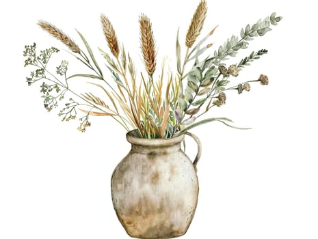 The pottery vase displays a beautiful arrangement of dried wildflowers and grasses, adding a touch of nature and rustic charm to a cozy indoor space.