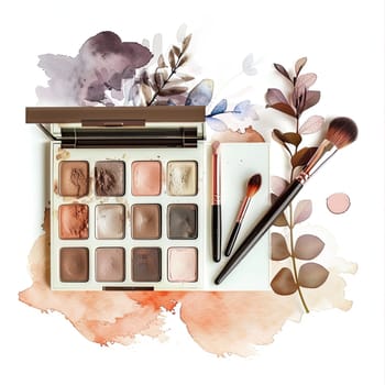The makeup palette showcases a variety of neutral eyeshadow shades, accompanied by makeup brushes and delicate watercolor floral designs in soft colors, perfect for beauty enthusiasts.