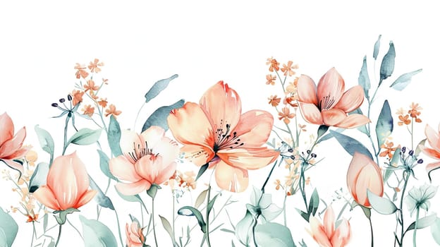 This artwork showcases a vibrant arrangement of blooming flowers in soft peach and pink hues, beautifully intertwined with greenery, creating an elegant and fresh ambiance.