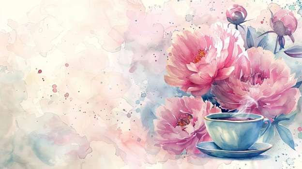 Delicate pink peonies frame a tranquil scene where a steaming cup of tea rests gently against a soft watercolor backdrop, inviting peace and relaxation.