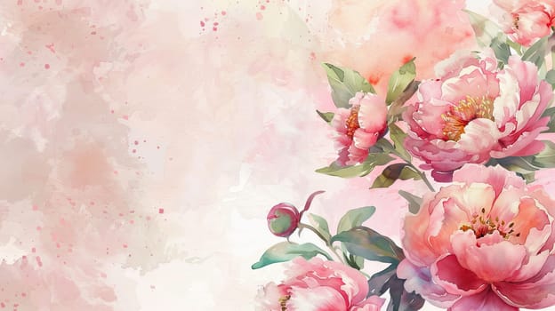 Delicate pink peonies in full bloom add a touch of elegance against a soft watercolor backdrop, creating a tranquil atmosphere ideal for spring decor.