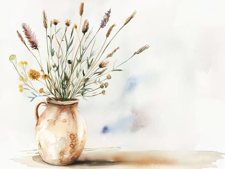 A rustic ceramic jug is artistically arranged with a variety of wildflowers and grasses, placed on a smooth wooden surface that enhances its natural beauty.