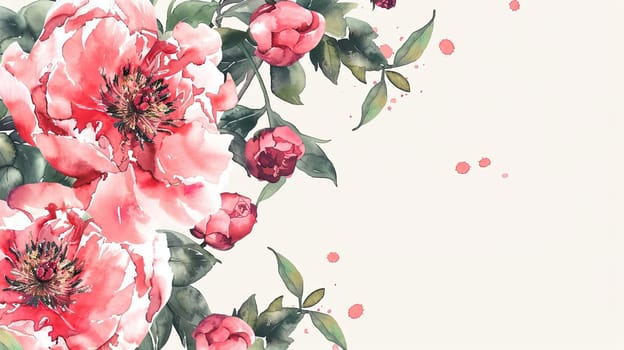 A stunning arrangement of pink peonies and rosebuds in watercolor style brings a fresh and vibrant touch to the soft pastel background, perfect for decorative use.