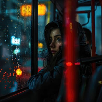 A young woman with dark hair sits quietly on a bus, staring out at the rain-splattered window amidst glowing city lights during a rainy evening.