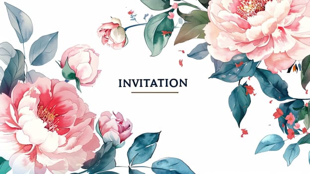 This elegant invitation showcases beautiful pink peonies and lush greenery surrounding the word 'INVITATION,' perfect for weddings and gatherings.