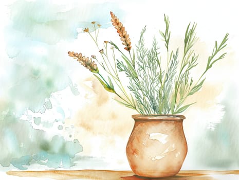 Delicate herbs in various shades are arranged in a simple pot, set against a gentle pastel watercolor backdrop, evoking a serene atmosphere.