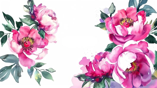 A vibrant display of pink peonies surrounded by green leaves adds a fresh touch to the design. The watercolor style enhances the flowering beauty, perfect for decoration.