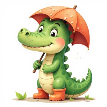 Cartoon crocodile with orange boots and orange umbrella