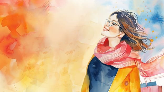 A cheerful young woman stands outdoors, basking in sunlight with vibrant colors around her, wearing glasses and a cozy scarf, embodying happiness and freedom.