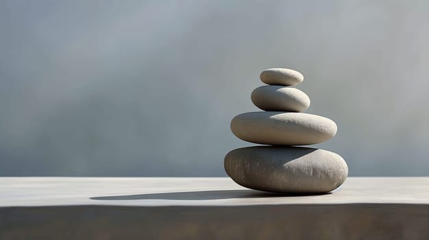 Smooth stones are stacked harmoniously on a wooden surface, showcasing a peaceful balance while illuminated by soft natural light. The arrangement highlights serenity and simplicity - Generative AI