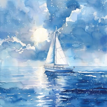A sailboat smoothly navigates the calm, reflective ocean waters, surrounded by vibrant blue hues and billowing clouds, illuminated by the sun above.