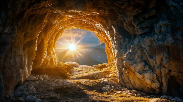 Golden sunlight pours into the cave, casting vibrant light on the rocky interior as the day begins in the tranquil mountain landscape - Generative AI