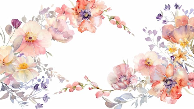 A vibrant display of watercolor flowers showcases an array of petals and greenery, creating a captivating border ideal for invitations or decorative uses.