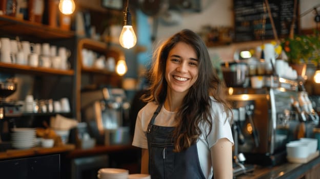 A friendly barista stands at the counter, smiling as she interacts with customers. The café has a warm atmosphere, with soft lighting and rustic decor.