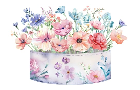 An array of delicate watercolor flowers in shades of pink, purple, and blue fills a charming container, creating a cheerful springtime display that brightens the atmosphere.